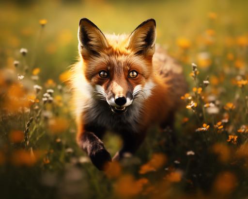 red fox running through a flower meadow, time-lapse motion blur --ar 10:8