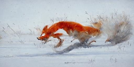 red fox running through a white field, Eric Fan --aspect 4:2
