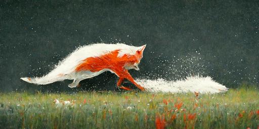 red fox running through a white field, Eric Fan --aspect 4:2