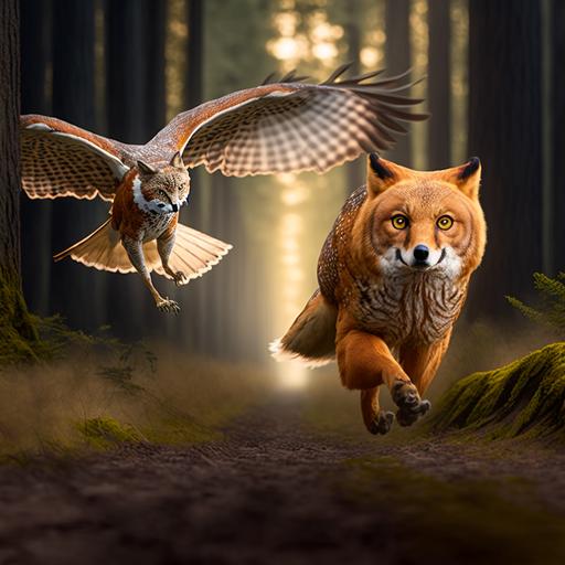 red fox running with mouth opnen, eyes wide with terror; running from very large owl with talons out, owl chasing the fox, inside enchanted forest