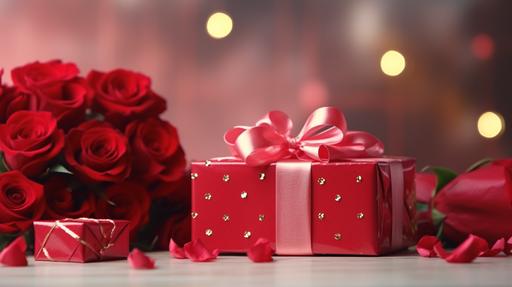 red gift boxes with ribbon and red rose for valentine day celebrate, 4k, --ar 16:9