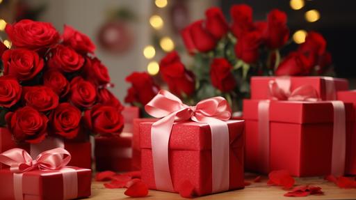 red gift boxes with ribbon and red rose for valentine day celebrate, 4k, --ar 16:9