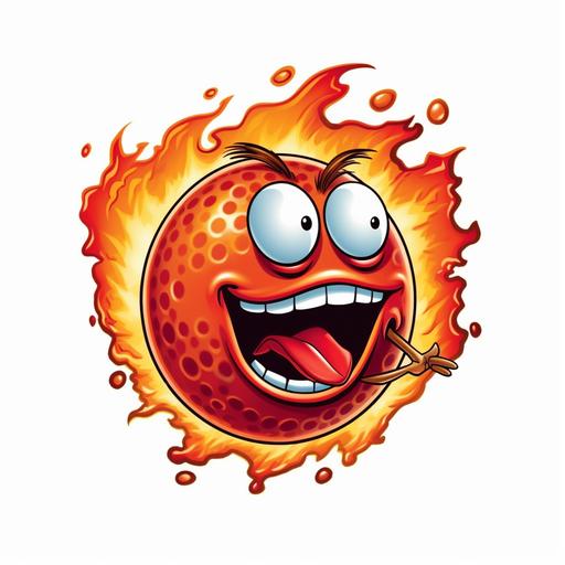 red golf ball on fire flying through the air with a flaming tail. Golf ball has a cartoon face that is screaming as it flies through the air, with a look of determination. Make it look realistic, but animated. Dimples on golf ball should be visible