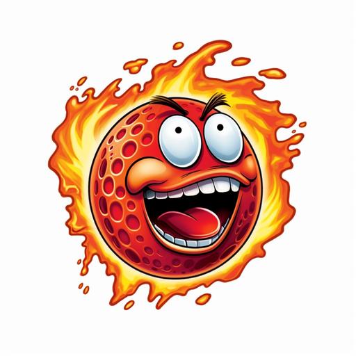 red golf ball on fire flying through the air with a flaming tail. Golf ball has a cartoon face that is screaming as it flies through the air, with a look of determination. Make it look realistic, but animated. Dimples on golf ball should be visible