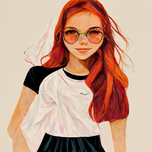 red hair cute girl , big brown eyes, long nails, polished, wears glasses, Tall, Not skinny not chubby, Brown eyes, long lashes, Earrings, a short black dress with a white t shirt, white sneakers, with pink ballet socks, at the beach