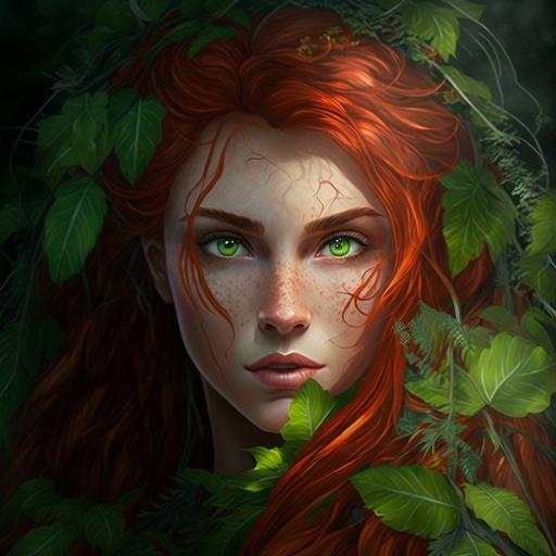 red hair, fierce women, have the power to grow plants, green eyes looking mad, can see her anger in her eyes, elf