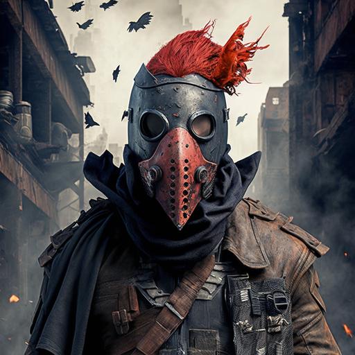 red-hair red-bearded black doctor plague mask, in a post-apocalyptic destroyed city, Fallout video games series