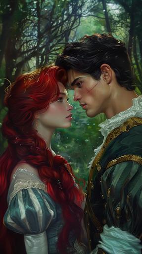 red haired princess glaring at a dark haired prince, regal clothing, forest background, oil painting --ar 9:16
