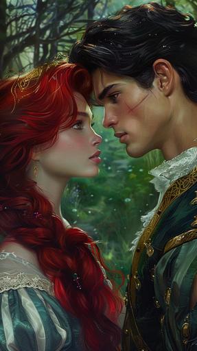 red haired princess glaring at a dark haired prince, regal clothing, forest background, oil painting --ar 9:16
