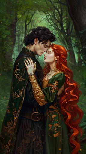 red haired princess in the embrace of a dark haired prince, regal clothing, forest background, oil painting --ar 9:16