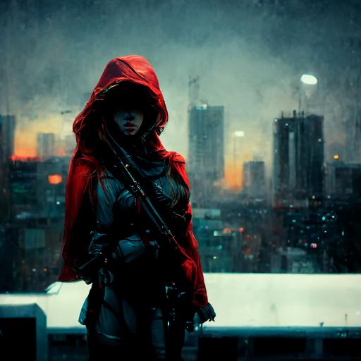 red hood, woman, assassin, sniper, night, cyberpunk, photorealistic, rooftop