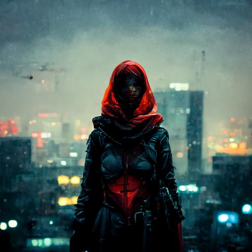 red hood, woman, assassin, sniper, night, cyberpunk, photorealistic, rooftop