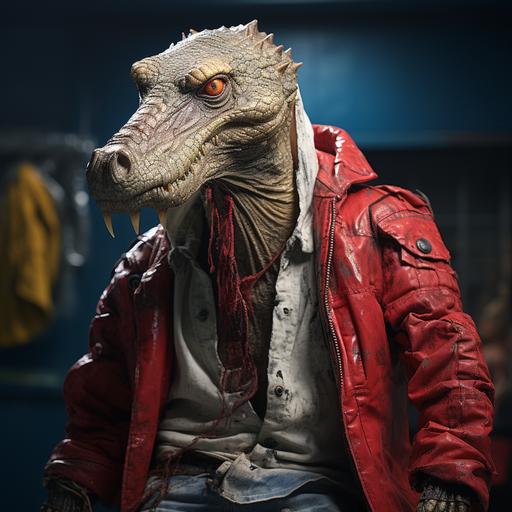 red humanoid alligator, squalid clothes --s 250