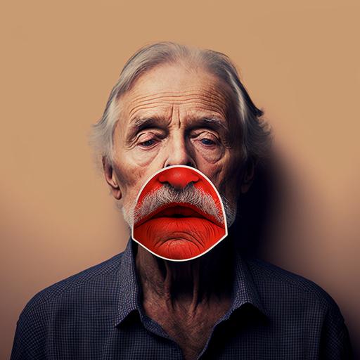 red lips shaped sticker covering a bored looking old mans mouth --v 4