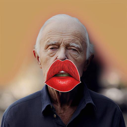 red lips shaped sticker covering a bored looking old mans mouth --v 4