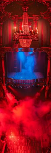 red medieval theatre, chandelier, red fog, blue curtain in the back, top view --ar 1:3 --v 6.0