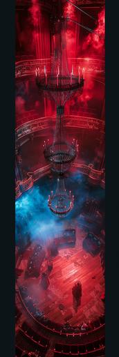 red medieval theatre, chandelier, red fog, blue curtain in the back, top view --ar 1:3