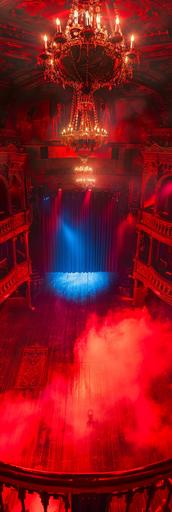 red medieval theatre, chandelier, red fog, blue curtain in the back, top view --ar 1:3 --v 6.0