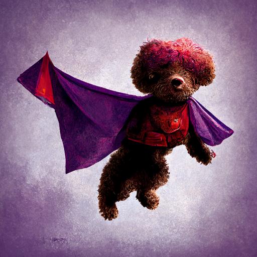 red mini poodle teddy-bear cut flying through the air like a superhero with a purple cape