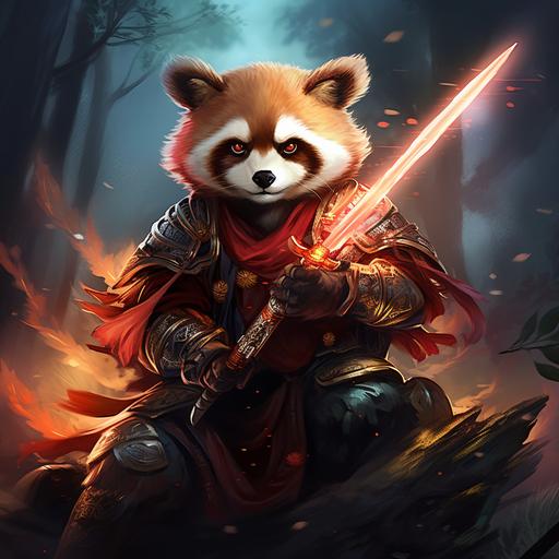 red panda, golden armour, Japanese style, glowing eyes wielding bamboo weapon