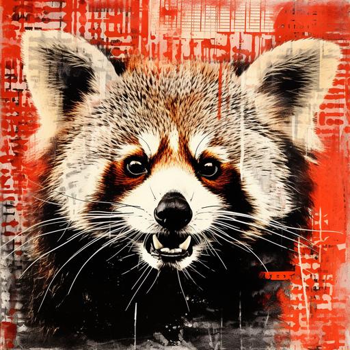 red panda, xerox art collage, ink leaks, halftone effect, experimental texture techniques,