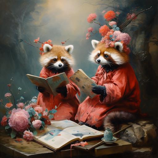 red pandas trying to paint themselves to look like raccoons. Alice in wonderland style