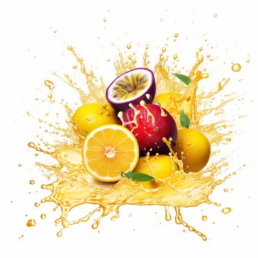 red passion fruits, liquid exploding behind the background, vivid color and palatable feeling, realistic style, pure white background. --v 5.2