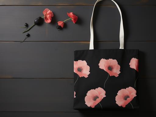 red poppies floral decoupage pattern on a black tote bag, in the style of Georgia O’Keeffe --style N6m9cB6Na8n7QQwwMCyzFRXq5BbeWCh3YpGdZM --ar 16:12 --s 750