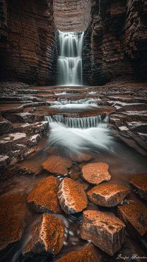 red rock waterfall, Landscape photography, Expansive, Awe-inspiring, Breathtaking, Vivid colors, Dramatic lighting, Wide-angle, Sharp focus, Good exposure, amphibian Golden hour, Stormy, arboreal, award winning photograph by Brandon Montrone --chaos 11 --ar 9:16 --stylize 250 --v 6.0