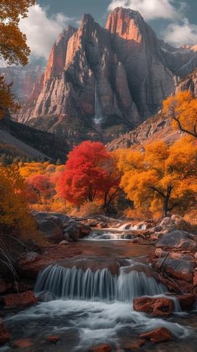 red rock waterfall, Landscape photography, Expansive, Awe-inspiring, Breathtaking, Vivid colors, Dramatic lighting, Wide-angle, Sharp focus, Good exposure, amphibian Golden hour, Stormy, arboreal, award winning photograph by Brandon Montrone --chaos 11 --ar 9:16 --stylize 250 --v 6.0