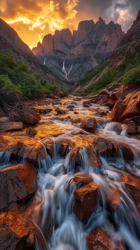 red rock waterfall, Landscape photography, Expansive, Awe-inspiring, Breathtaking, Vivid colors, Dramatic lighting, Wide-angle, Sharp focus, Good exposure, amphibian Golden hour, Stormy, arboreal, award winning photograph by Brandon Montrone --chaos 11 --ar 9:16 --stylize 250 --v 6.0