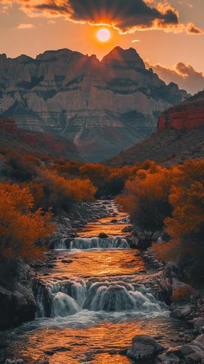 red rock waterfall, Landscape photography, Expansive, Awe-inspiring, Breathtaking, Vivid colors, Dramatic lighting, Wide-angle, Sharp focus, Good exposure, amphibian Golden hour, Stormy, arboreal, award winning photograph by Brandon Montrone --chaos 11 --ar 9:16 --stylize 250 --v 6.0