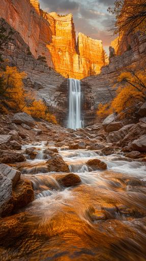 red rock waterfall, Landscape photography, Expansive, Awe-inspiring, Breathtaking, Vivid colors, Dramatic lighting, Wide-angle, Sharp focus, Good exposure, amphibian Golden hour, Stormy, arboreal, award winning photograph by Brandon Montrone --chaos 11 --ar 9:16 --stylize 250 --v 6.0