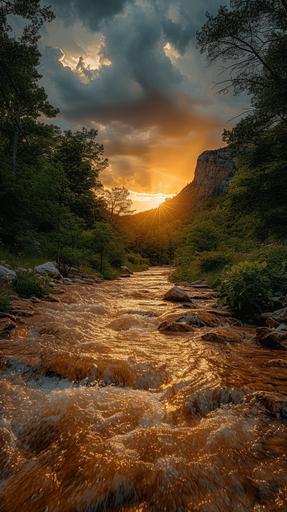 red rock waterfall, Landscape photography, Expansive, Awe-inspiring, Breathtaking, Vivid colors, Dramatic lighting, Wide-angle, Sharp focus, Good exposure, amphibian Golden hour, Stormy, arboreal, award winning photograph by Brandon Montrone --chaos 11 --ar 9:16 --stylize 250 --v 6.0