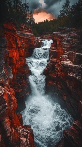 red rock waterfall, Landscape photography, Expansive, Awe-inspiring, Breathtaking, Vivid colors, Dramatic lighting, Wide-angle, Sharp focus, Good exposure, amphibian Golden hour, Stormy, arboreal, award winning photograph by Brandon Montrone --chaos 11 --ar 9:16 --stylize 250 --v 6.0