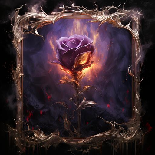 red rose burn with magical purple fire, simple black and grey background with textured ashes, gold ornate metal frame encompasing the burning rose, contrasting text that says Ashes to Embers