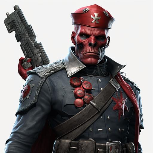 red skull marvel character dressed as a commander with an ak47, 3d, realistic, detailedded, 4k, white background