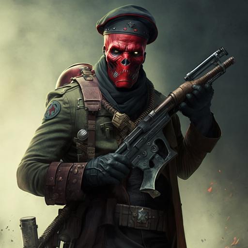 red skull marvel character dressed as commander with beret, gas mask and holding an ak47, realistic