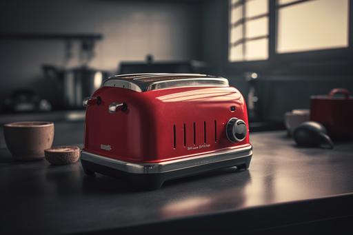 red toaster, on kitchen work surface, award winning digital photography, laura muthesius, colour grading, Canon EOS T5 35mm, 4k, ultra detailed, super detailed photography, octane render, --ar 3:2 --v 5
