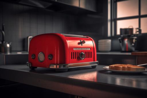 red toaster, on kitchen work surface, award winning digital photography, laura muthesius, colour grading, Canon EOS T5 35mm, 4k, ultra detailed, super detailed photography, octane render, --ar 3:2 --v 5