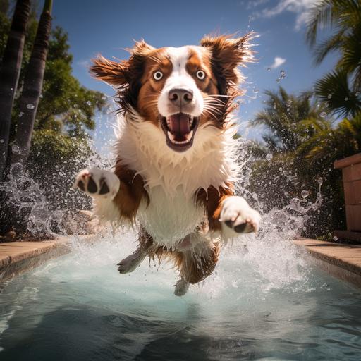 red tri australian shepherd leaping into a swimming pool, happy, portrait, professional photograph