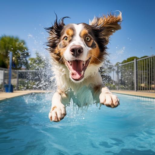 red tri australian shepherd leaping into a swimming pool, happy, portrait, professional photograph