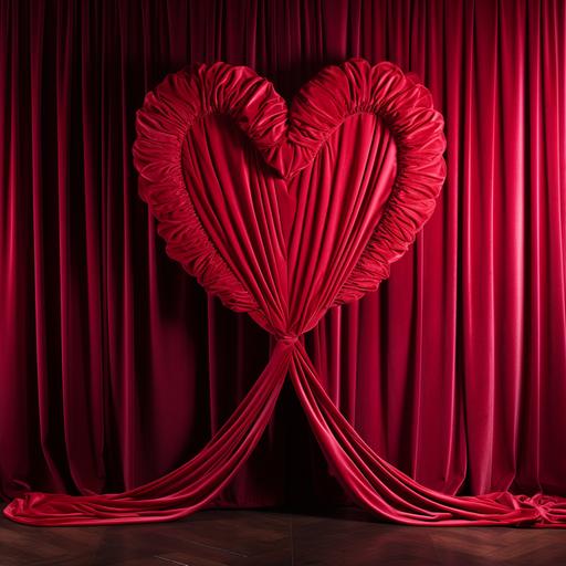 red velvet curtains draped around a heart shape whole with pink velvet curtains visible through the whole behind