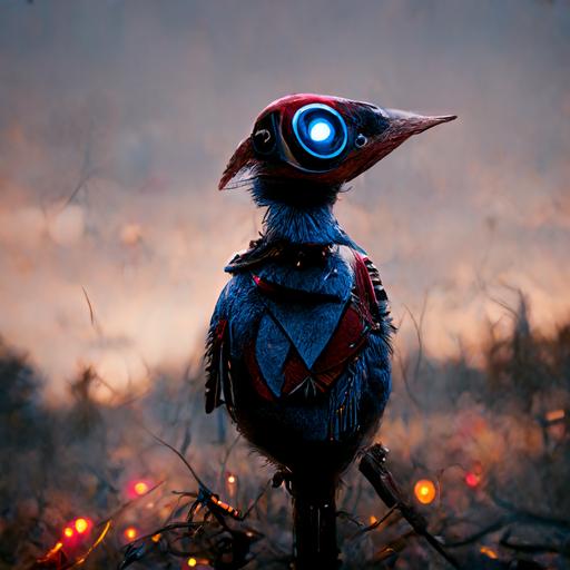 red, white and blue Woody woodpecker cartoon mecha suit with feathers, Looney toons logo, lumberjack bird, standing, steampunk, full body, large view, ultra-detailed, hyper-realistic octane render, cinematographic, epic, wow, photo-bash, artstation trend, 8k post-production, glowing eyes
