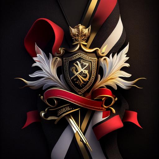red-white-black silk ribbon in the form of a state award with a gold vintage pin with a sword and sparks logo in the center