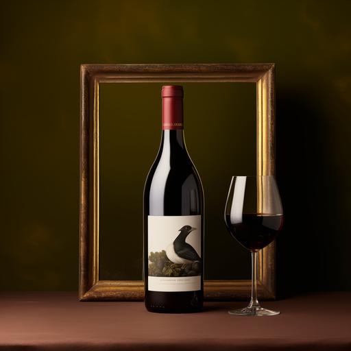 red wine bottle, empty large painting frames background, 2 large gold frames, glass of red wine, shot with leica 80mm --s 50 --style raw