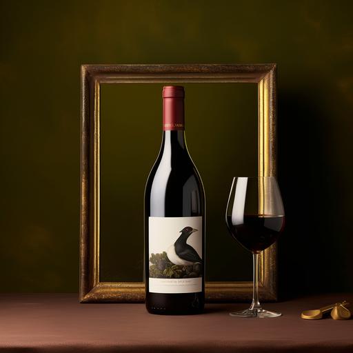 red wine bottle, empty large painting frames background, 2 large gold frames, glass of red wine, shot with leica 80mm --s 50 --style raw
