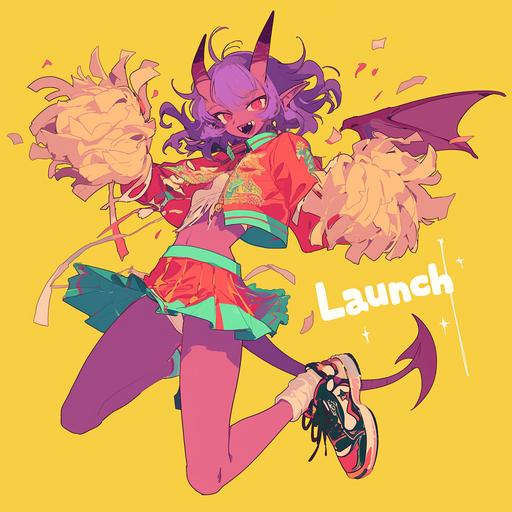 red yellow and green themed character design of a tiefling cheerleader in performance, fashion focus, frills, purple skin, cheer uniform with embroidered text: 