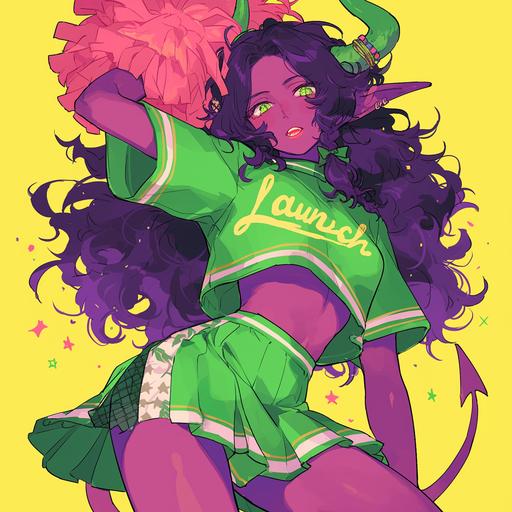 red yellow and green themed character design of a tiefling cheerleader in performance, fashion focus, frills, purple skin, cheer uniform with embroidered text: 