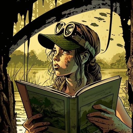 redneck girl looking through a large book, comic book style, beautiful, hillbilly, in a swamp